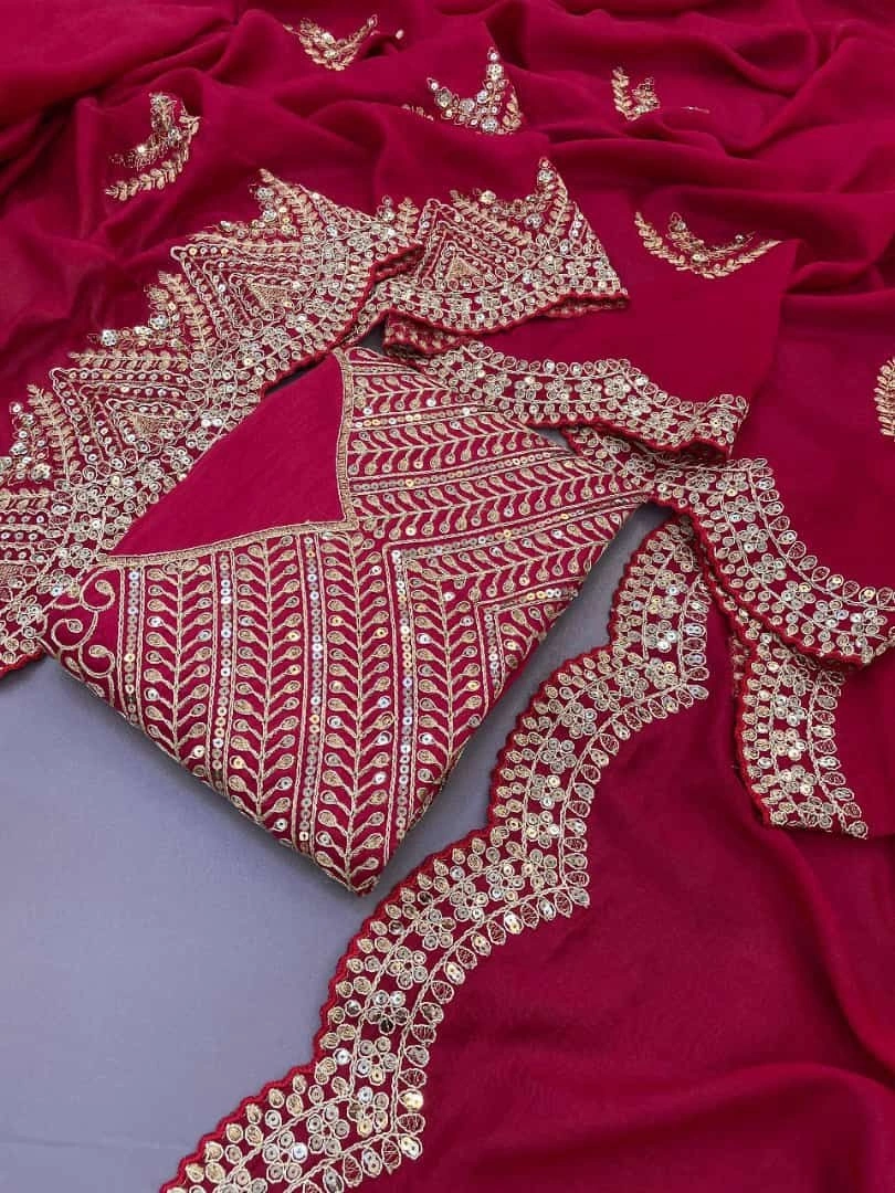 Soft Vichitra Silk Saree: Exquisite Thread Work &amp; Sequin Embellishments-Red-4