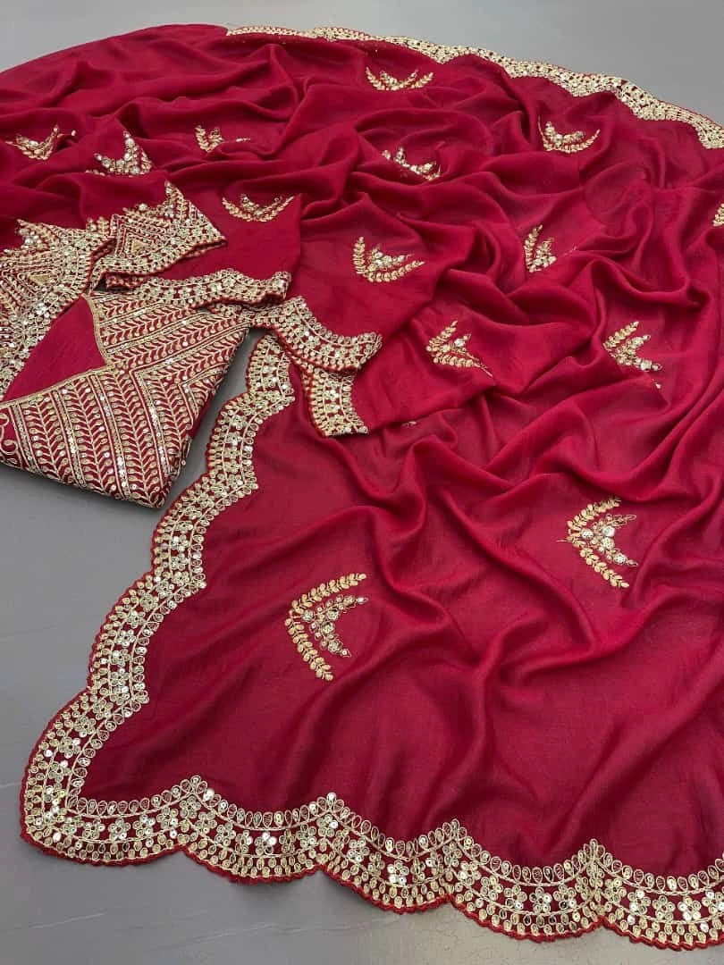 Soft Vichitra Silk Saree: Exquisite Thread Work &amp; Sequin Embellishments-Red-5