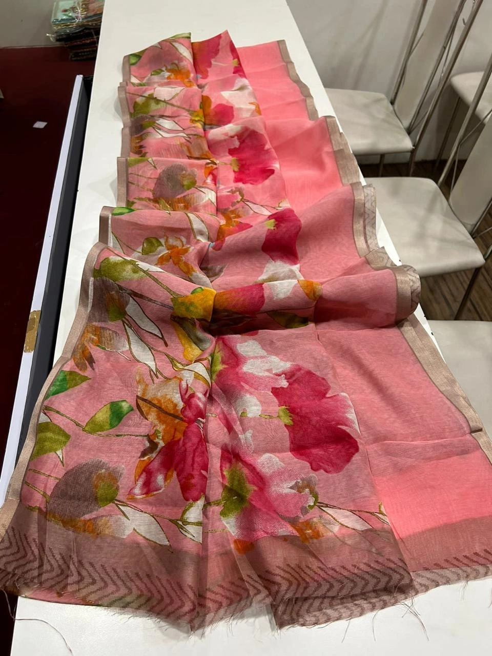 Linen Digital Printed Saree: Soft, Floral, and Elegant-Pink-1