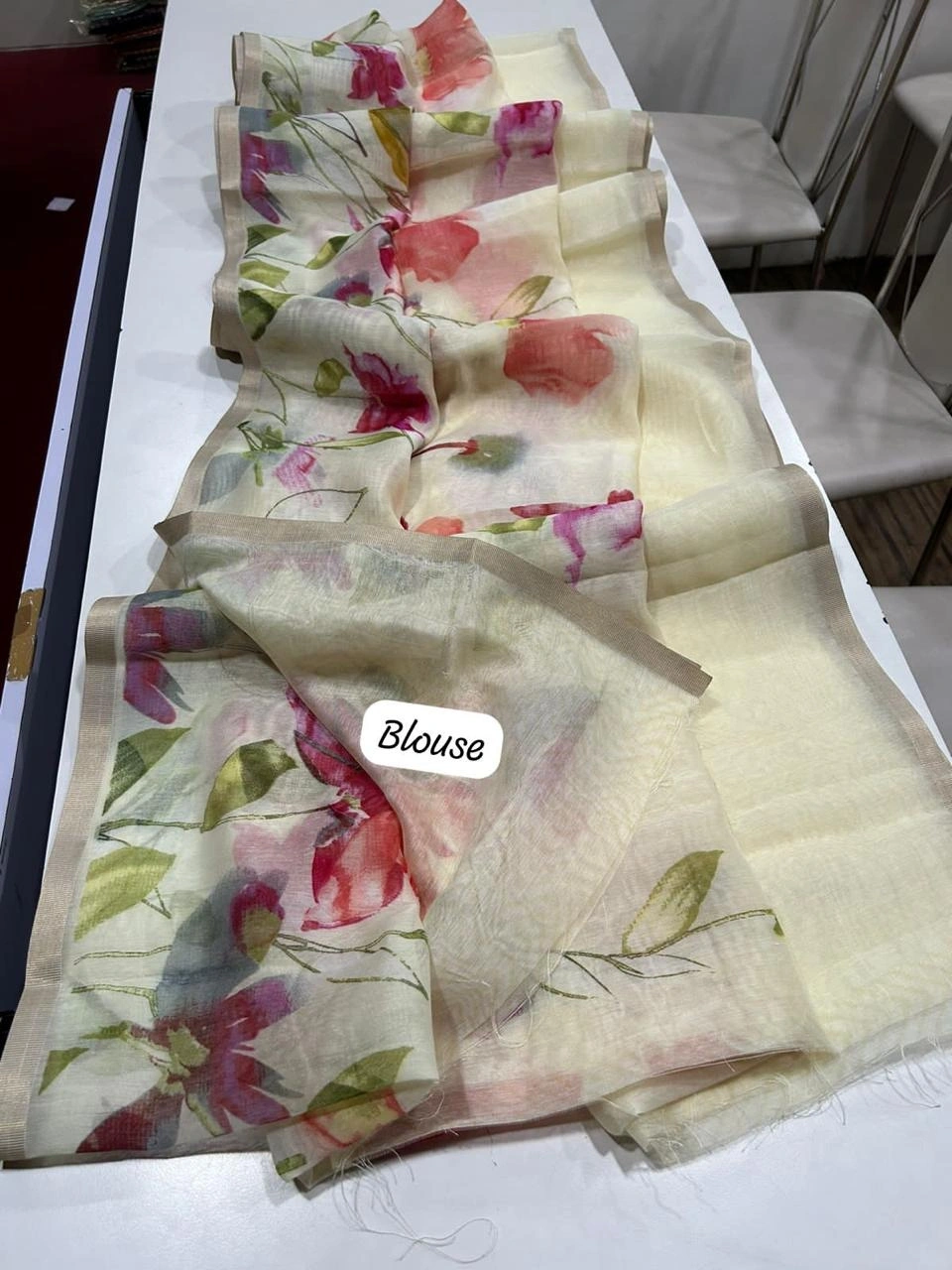 Linen Digital Printed Saree: Soft, Floral, and Elegant-White-1