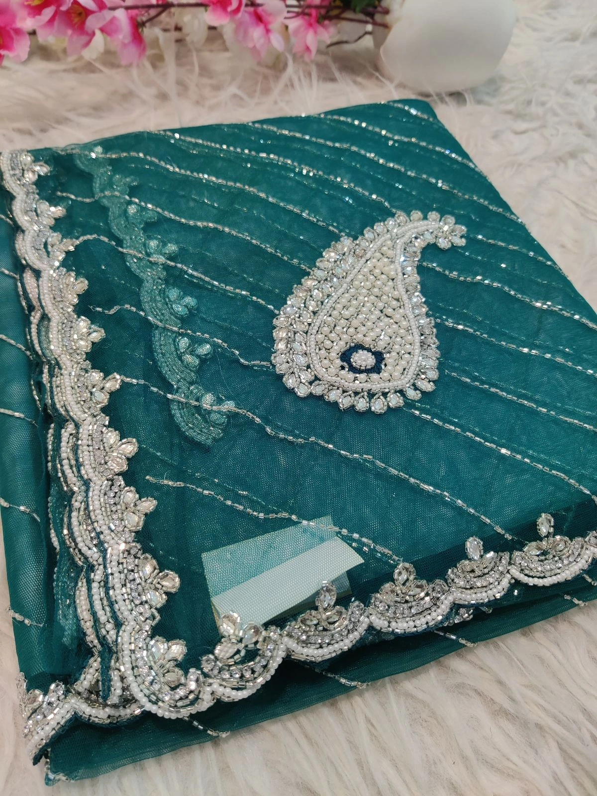 Butterfly Net Saree: Exquisite Handwork &amp; Elegant Net Blouse (6.3m)-JHT-08-PeacockBlue