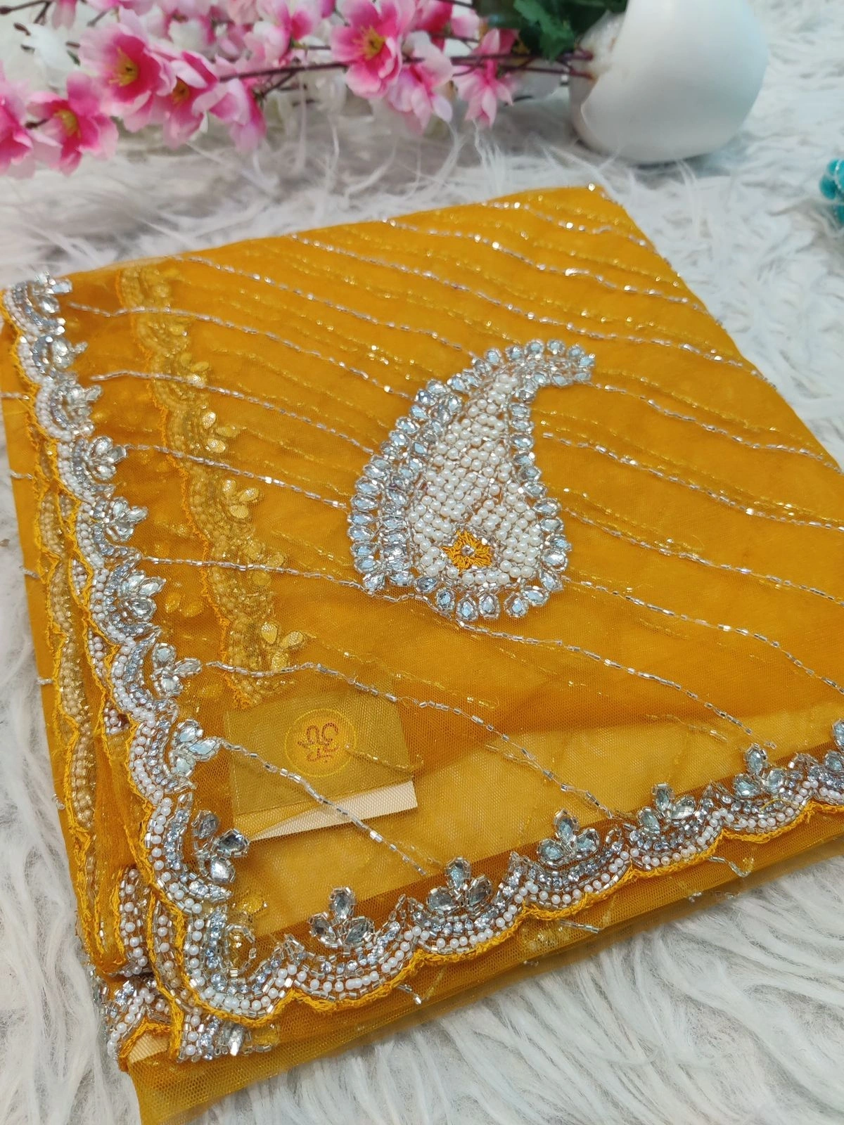 Butterfly Net Saree: Exquisite Handwork &amp; Elegant Net Blouse (6.3m)-JHT-08-Mustard