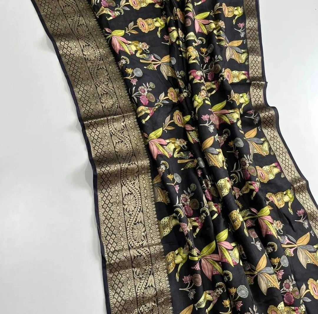 Exquisite Pichwai Kalamkari Silk Saree with Viscose Border-Black-1