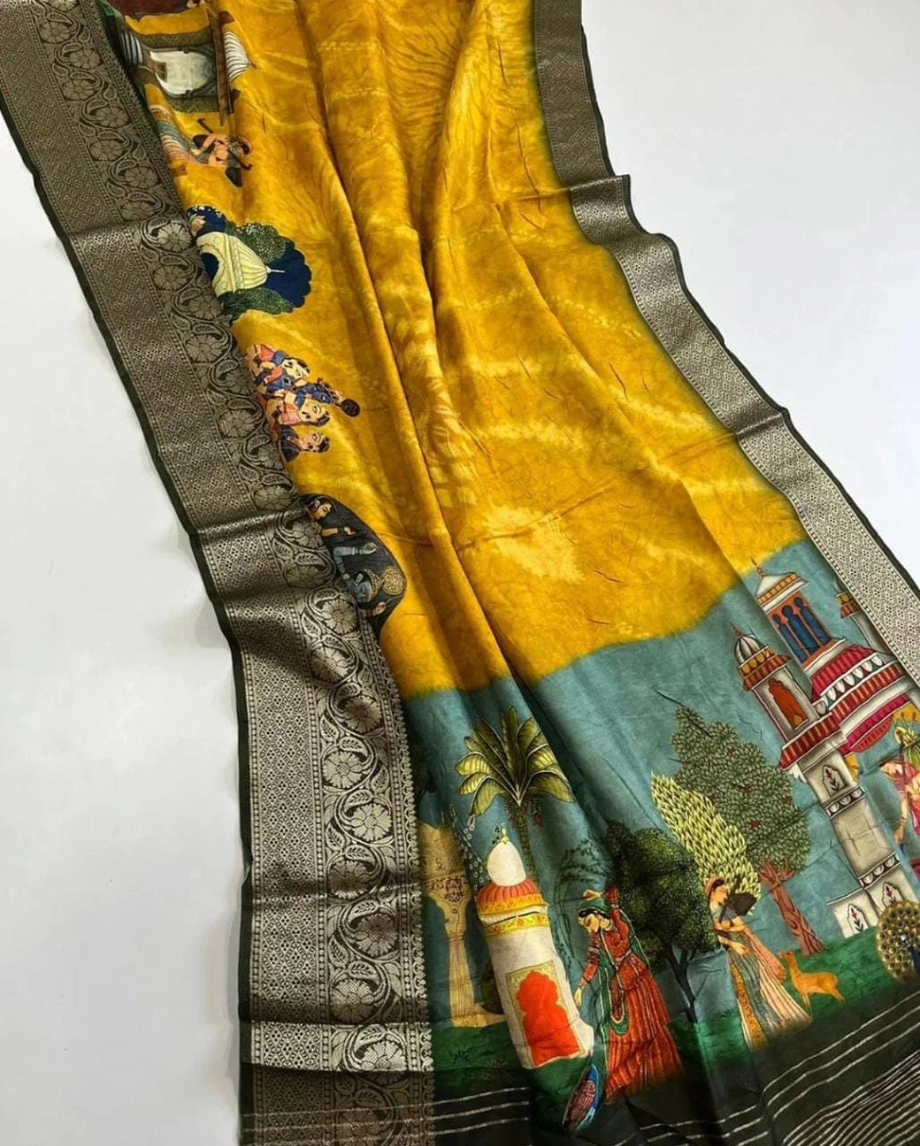 Exquisite Pichwai Kalamkari Silk Saree with Viscose Border-Yellow-1