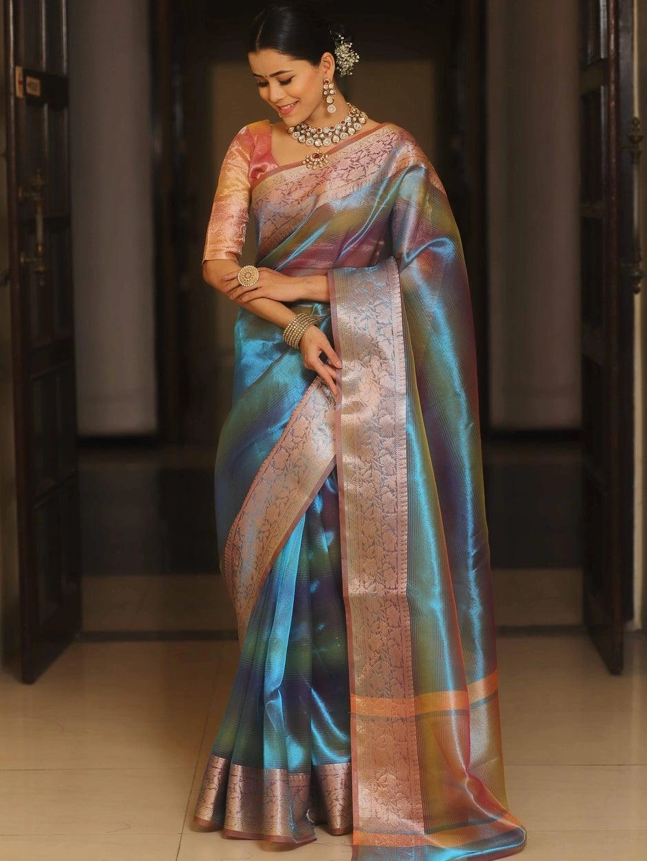 Banarasi Glass Tissue Silk Saree: Elegant Zari Weaving &amp; Designer Border-MKD-63-Rama