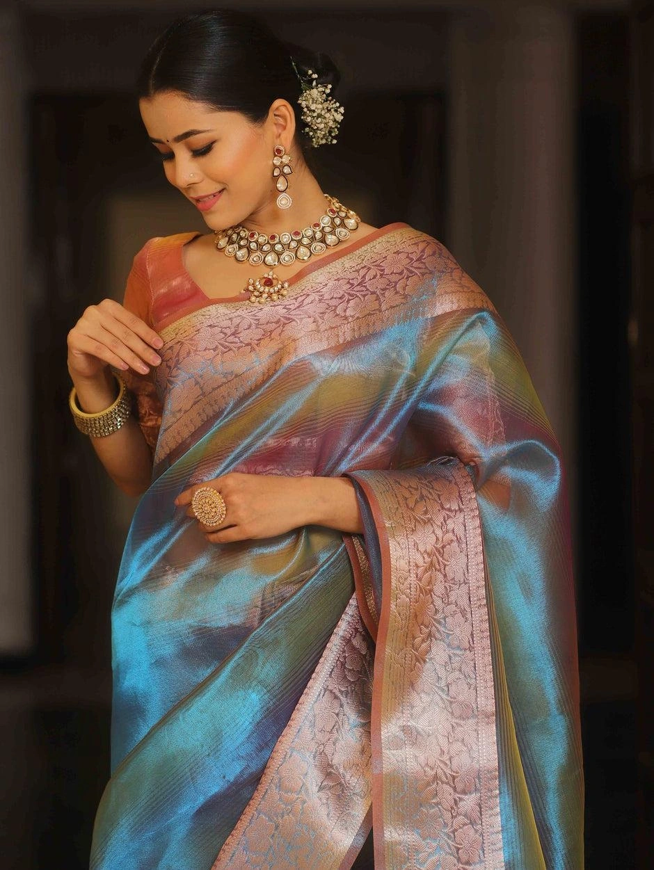 Banarasi Glass Tissue Silk Saree: Elegant Zari Weaving &amp; Designer Border-Rama-3