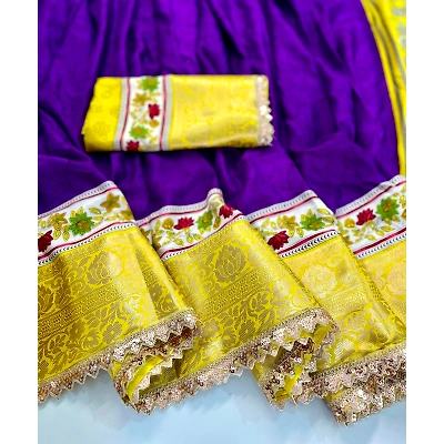 YNF Super Hit Pure Dola Silk Flower Saree with Lace Patti - 599g