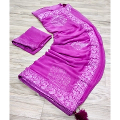 Pure Najbin Chiffon Saree: Stunning Amrodri & Siroski Border with Butta Work