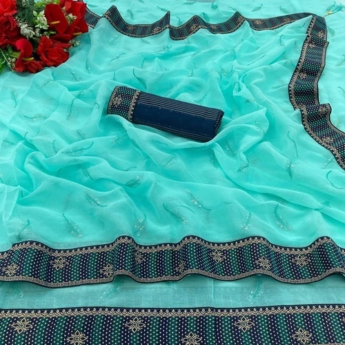 Exquisite Simar Silk Saree with Embroidery Work-RDD-04-SkyBlue