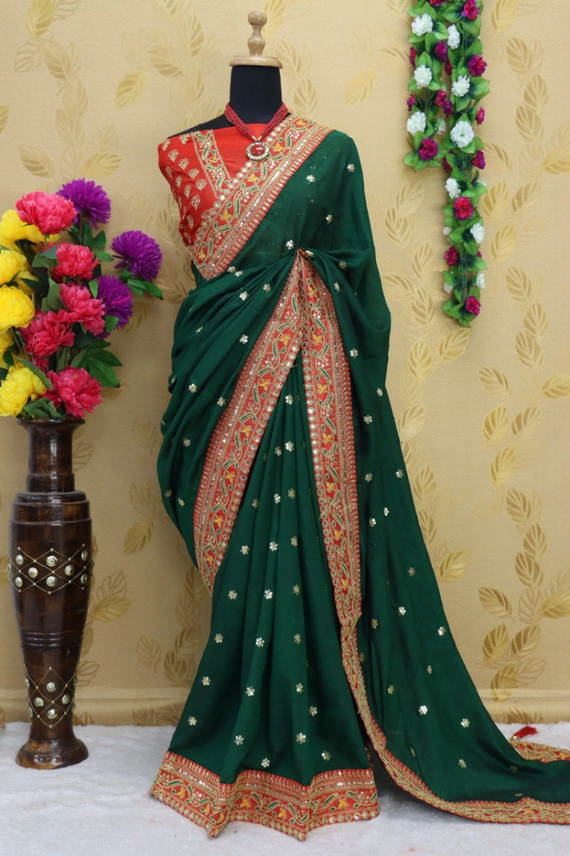 Royal Vichitra Silk Saree: Exquisite Work &amp; Stunning Green Blouse-RDD-145-Green