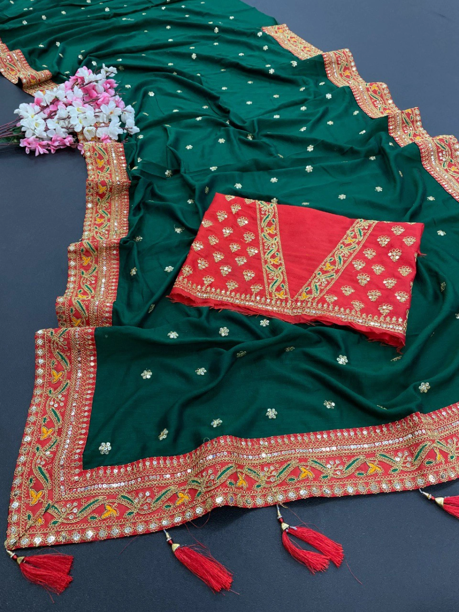 Royal Vichitra Silk Saree: Exquisite Work &amp; Stunning Green Blouse-Green-1