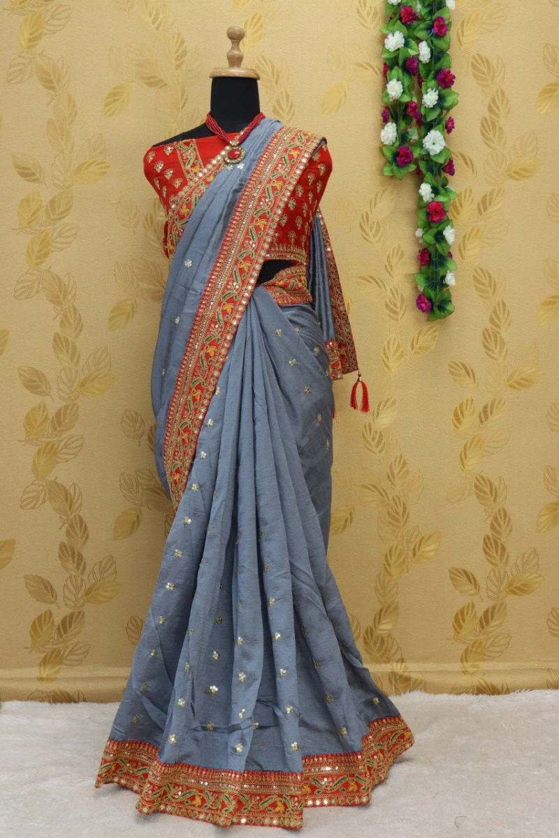 Royal Vichitra Silk Saree: Exquisite Work &amp; Stunning Green Blouse-RDD-145-Grey