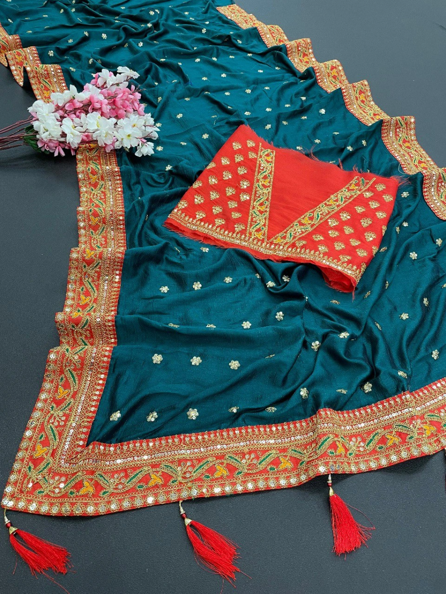 Royal Vichitra Silk Saree: Exquisite Work &amp; Stunning Green Blouse-Rama-1