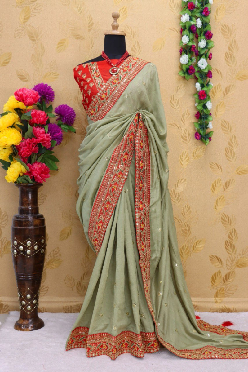 Royal Vichitra Silk Saree: Exquisite Work &amp; Stunning Green Blouse-RDD-145-Brown