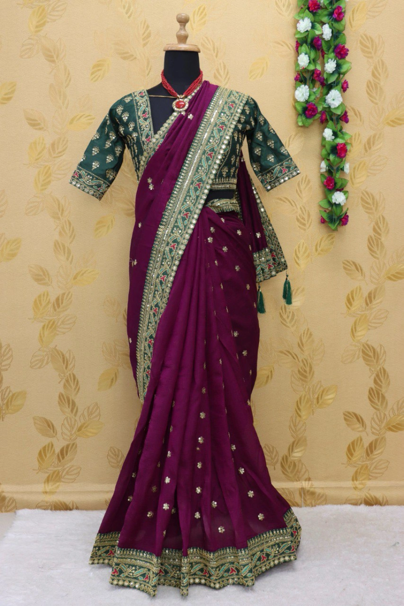 Royal Vichitra Silk Saree: Exquisite Work &amp; Stunning Green Blouse-RDD-145-Wine