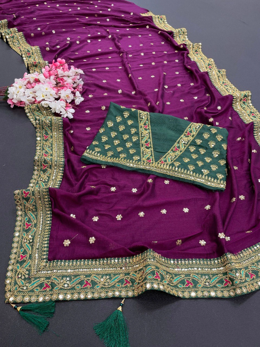 Royal Vichitra Silk Saree: Exquisite Work &amp; Stunning Green Blouse-Wine-1