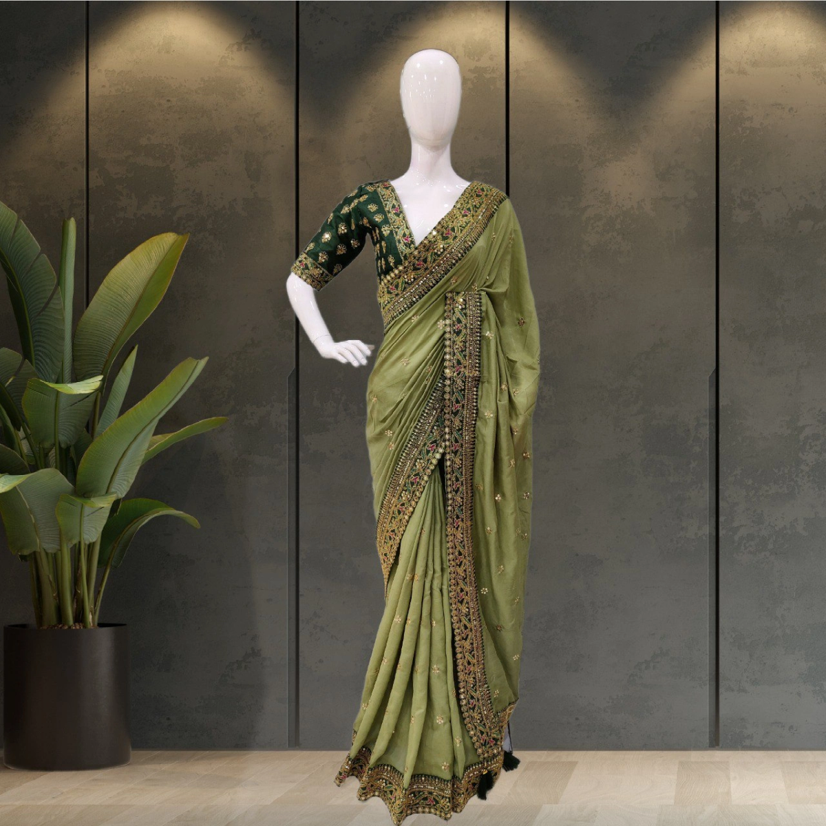 Royal Vichitra Silk Saree: Exquisite Work &amp; Stunning Green Blouse-RDD-145-Pista