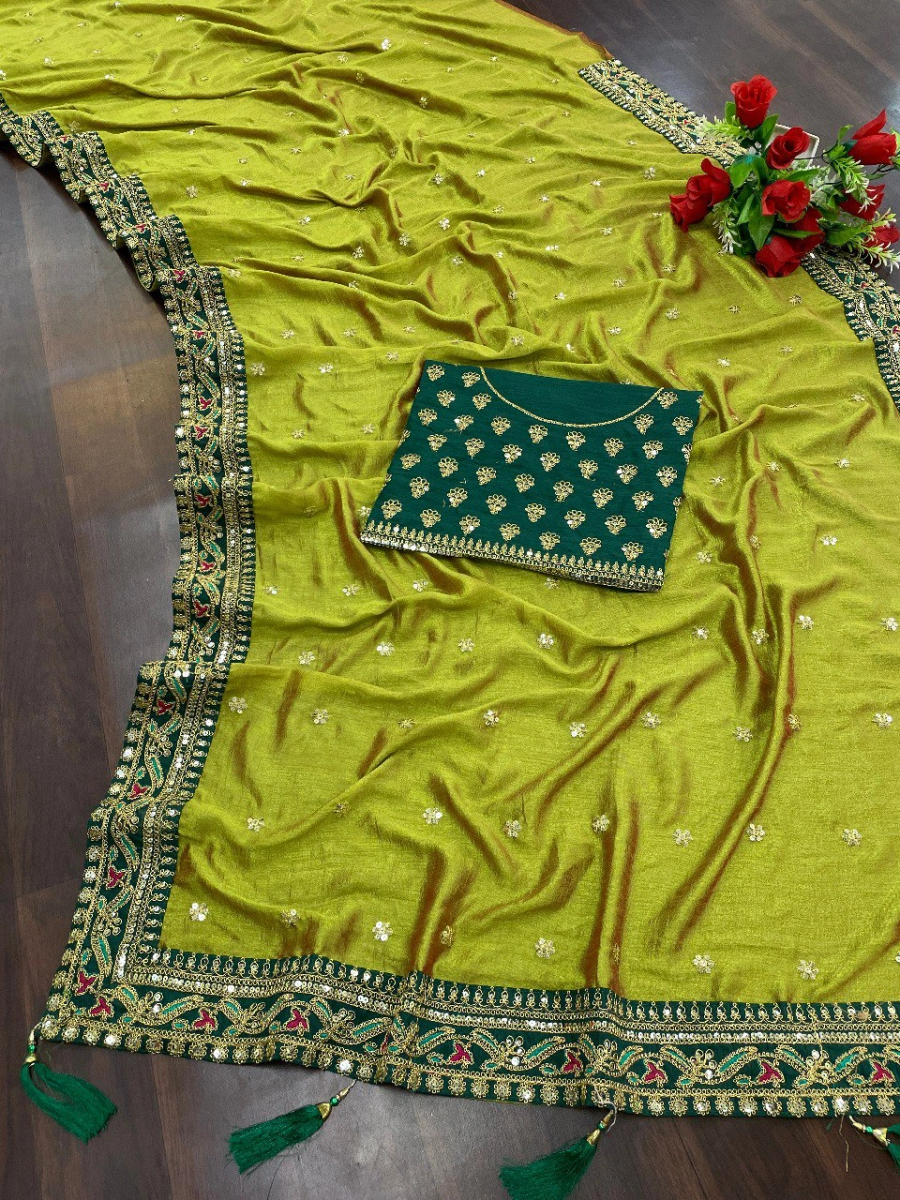 Royal Vichitra Silk Saree: Exquisite Work &amp; Stunning Green Blouse-Pista-1