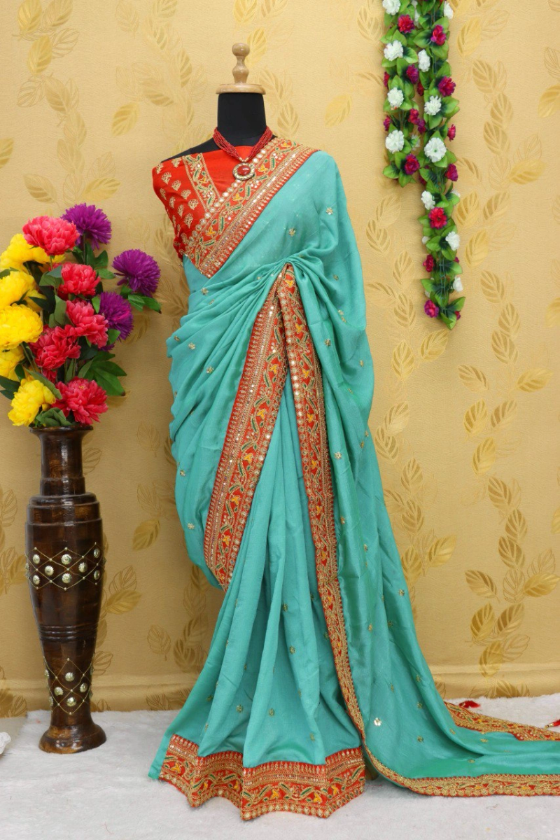 Royal Vichitra Silk Saree: Exquisite Work &amp; Stunning Green Blouse-RDD-145-Firozi