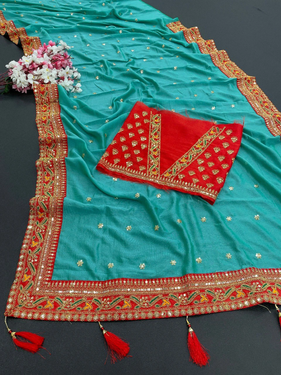 Royal Vichitra Silk Saree: Exquisite Work &amp; Stunning Green Blouse-Firozi-1