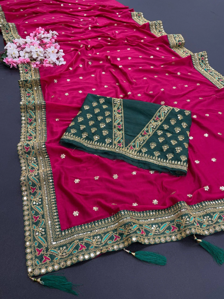 Royal Vichitra Silk Saree: Exquisite Work &amp; Stunning Green Blouse-Rani-1