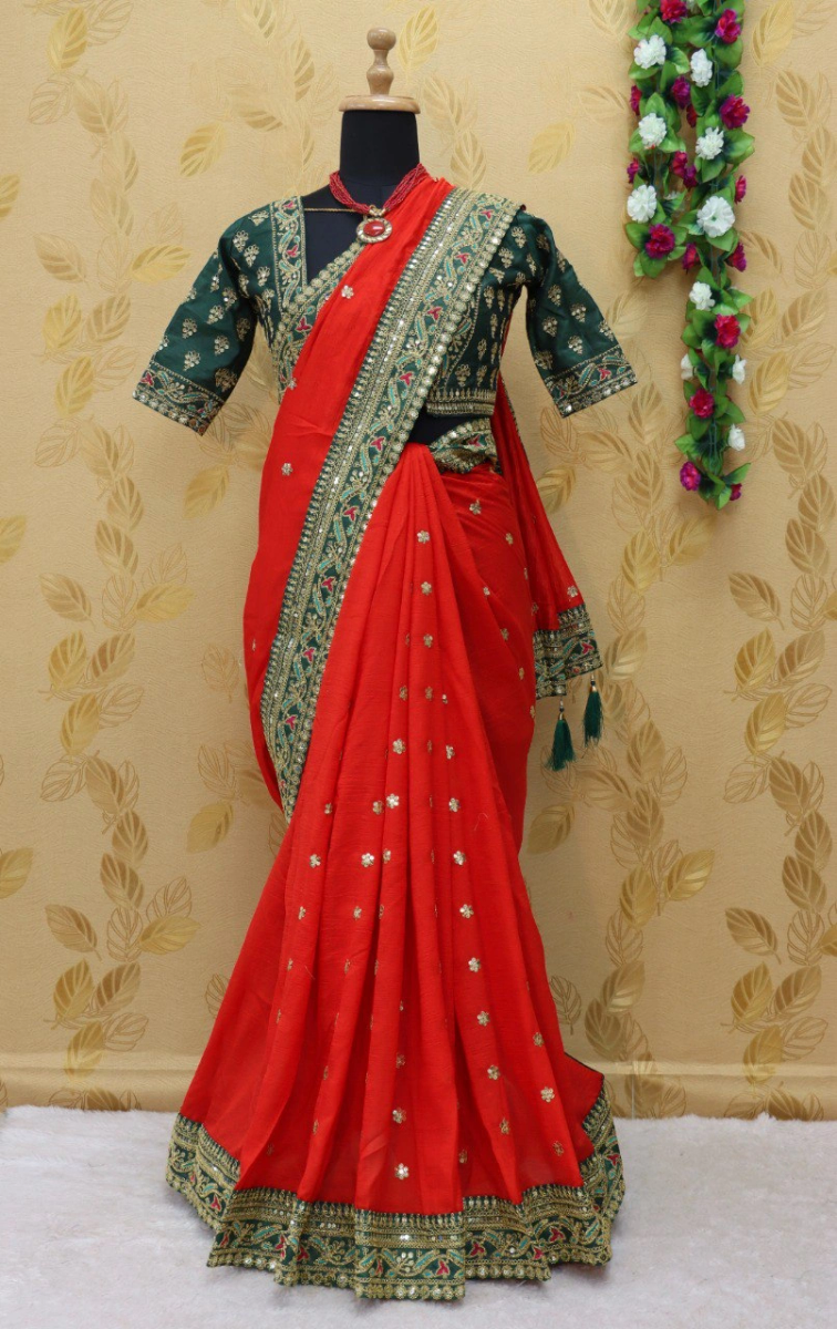 Royal Vichitra Silk Saree: Exquisite Work &amp; Stunning Green Blouse-RDD-145-Red