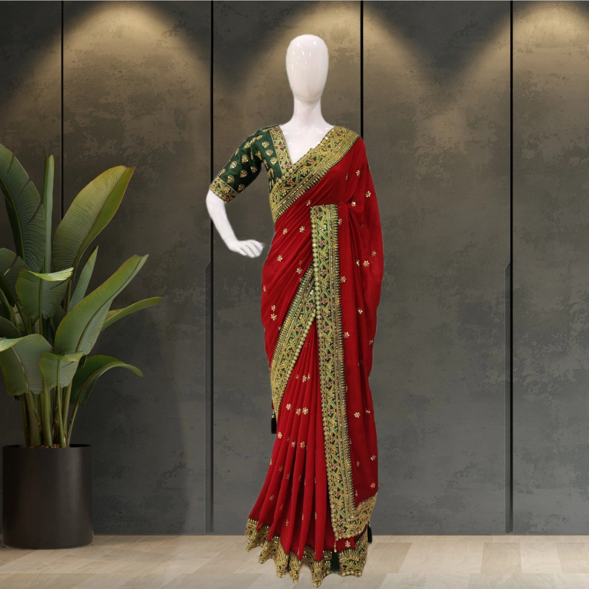 Royal Vichitra Silk Saree: Exquisite Work &amp; Stunning Green Blouse-Red-1