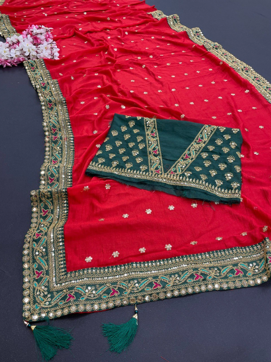 Royal Vichitra Silk Saree: Exquisite Work &amp; Stunning Green Blouse-Red-2