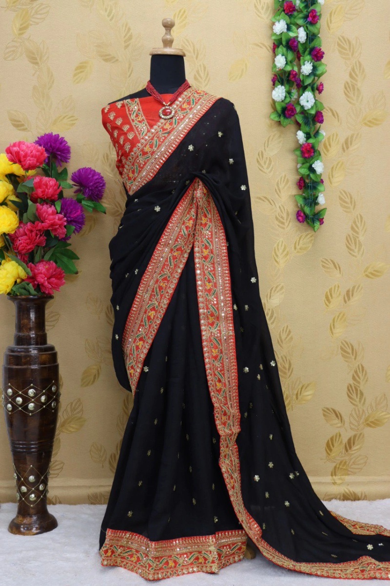 Royal Vichitra Silk Saree: Exquisite Work &amp; Stunning Green Blouse-RDD-145-Black