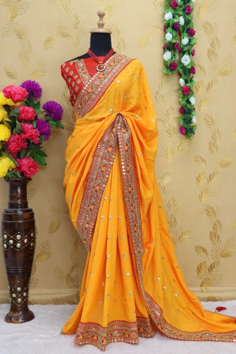 Royal Vichitra Silk Saree: Exquisite Work &amp; Stunning Green Blouse-RDD-145-Yellow