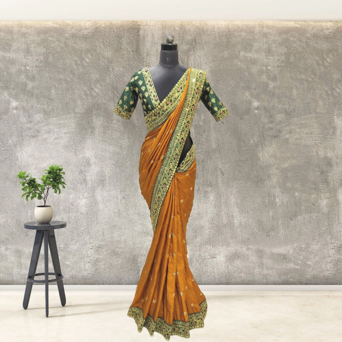 Royal Vichitra Silk Saree: Exquisite Work &amp; Stunning Green Blouse-Yellow-1