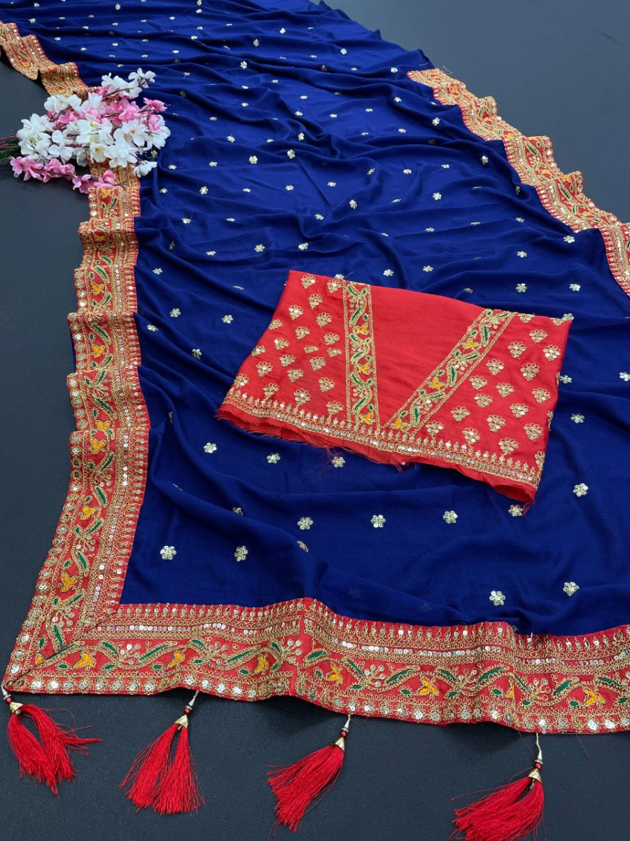 Royal Vichitra Silk Saree: Exquisite Work &amp; Stunning Green Blouse-Navy Blue-1