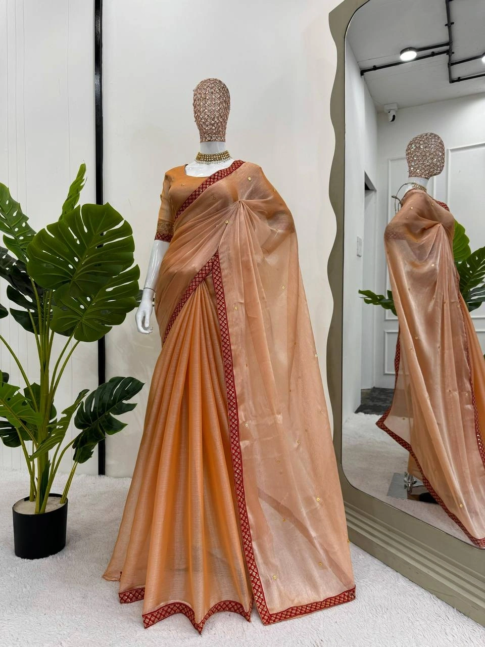 Burberry Silk Designer Saree with Thread &amp; Sequence Work and Stone Embellishments-Peach-1