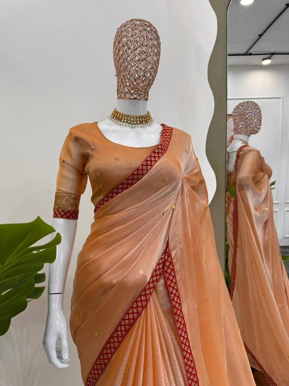 Burberry Silk Designer Saree with Thread &amp; Sequence Work and Stone Embellishments-Peach-2