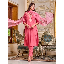 Pure Viscose Chanderi Kurti Set with Embroidery &amp; Printed Dupatta