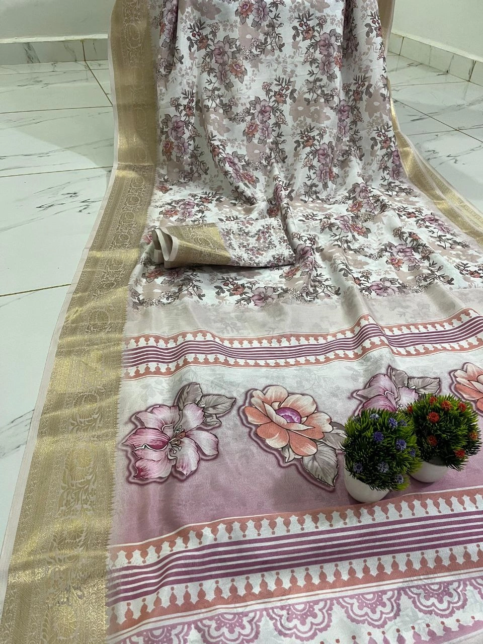 Beautifully Printed Soft Dola Silk Saree with Matching Blouse-White-1