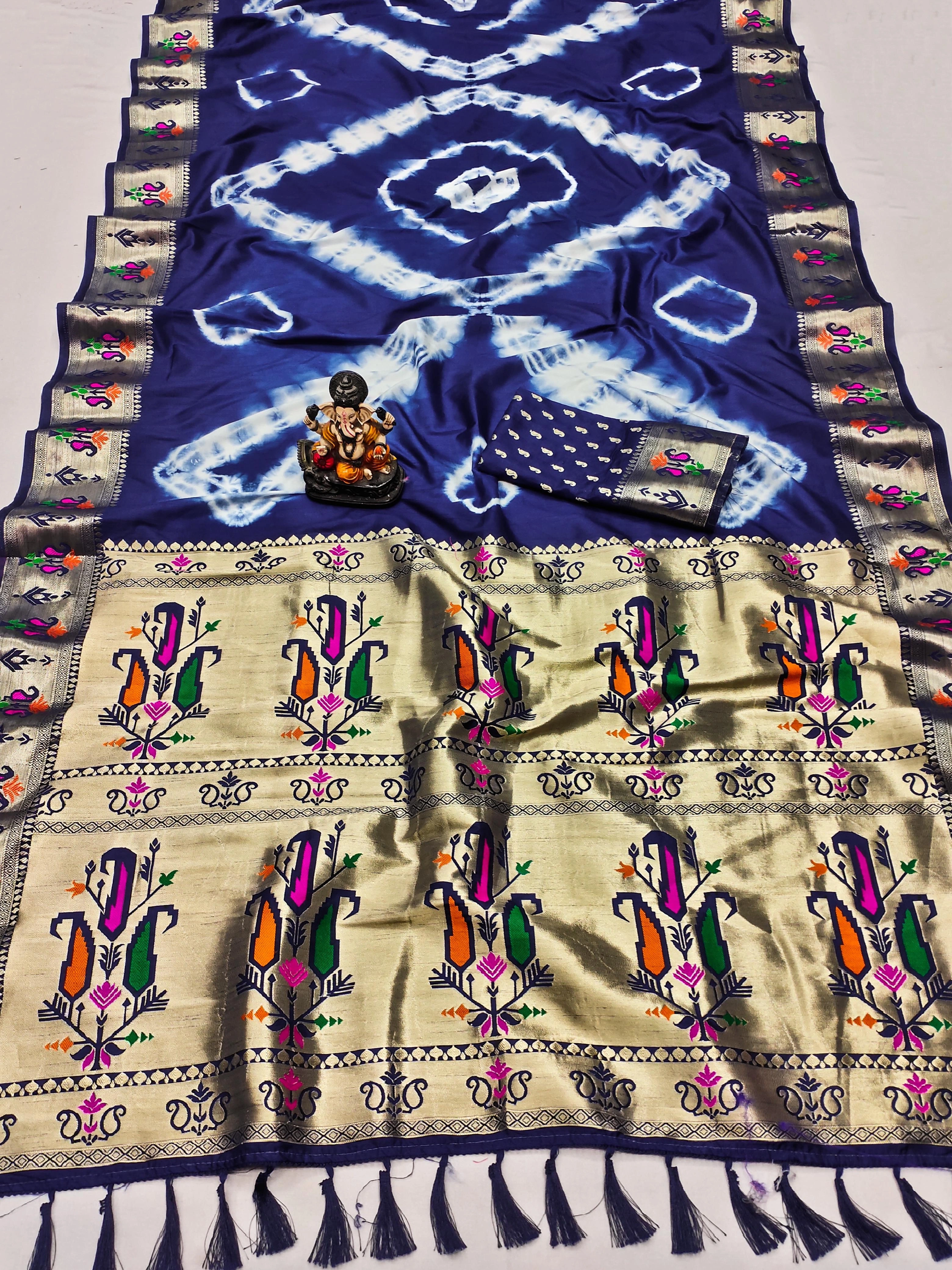 Handpicked Sibory Print Paithani Silk Sarees with Zari &amp; Minakari Weaving-Blue-1