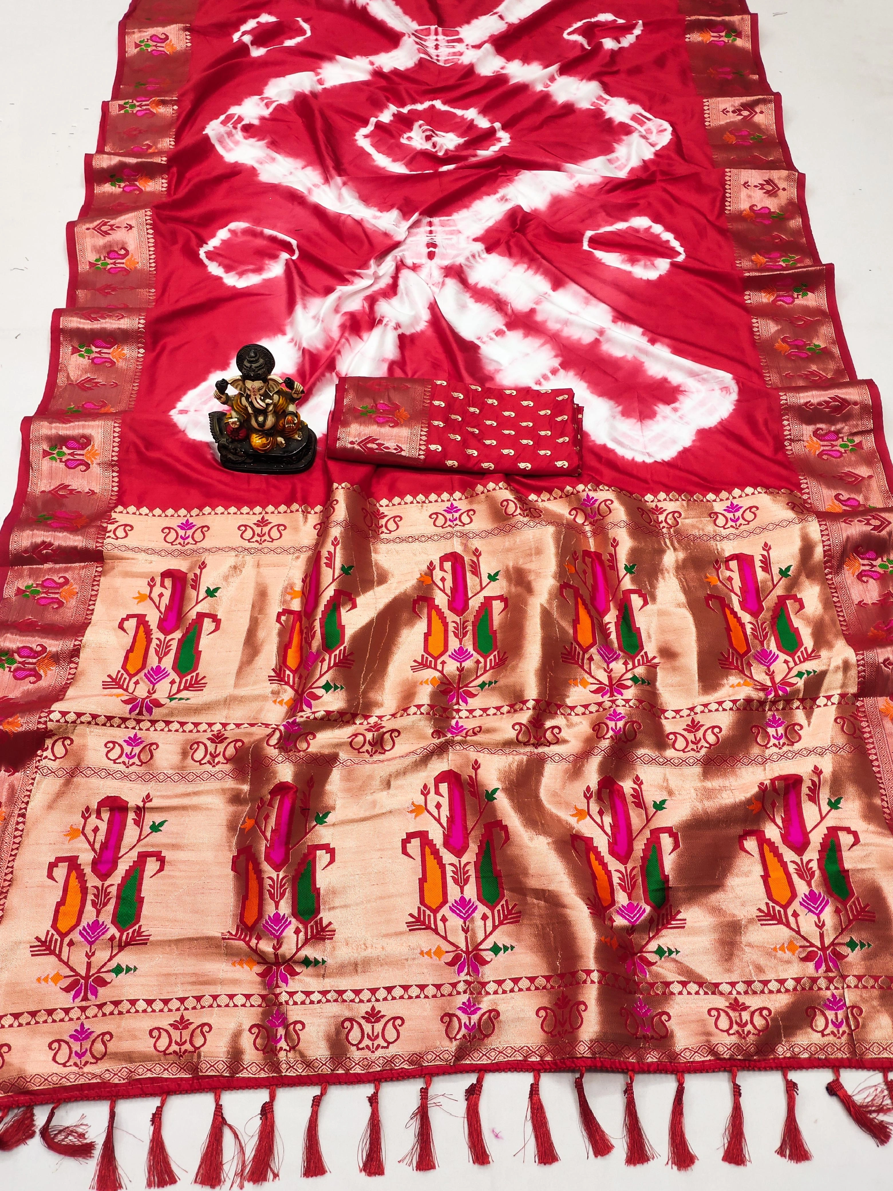 Handpicked Sibory Print Paithani Silk Sarees with Zari &amp; Minakari Weaving-Red-1