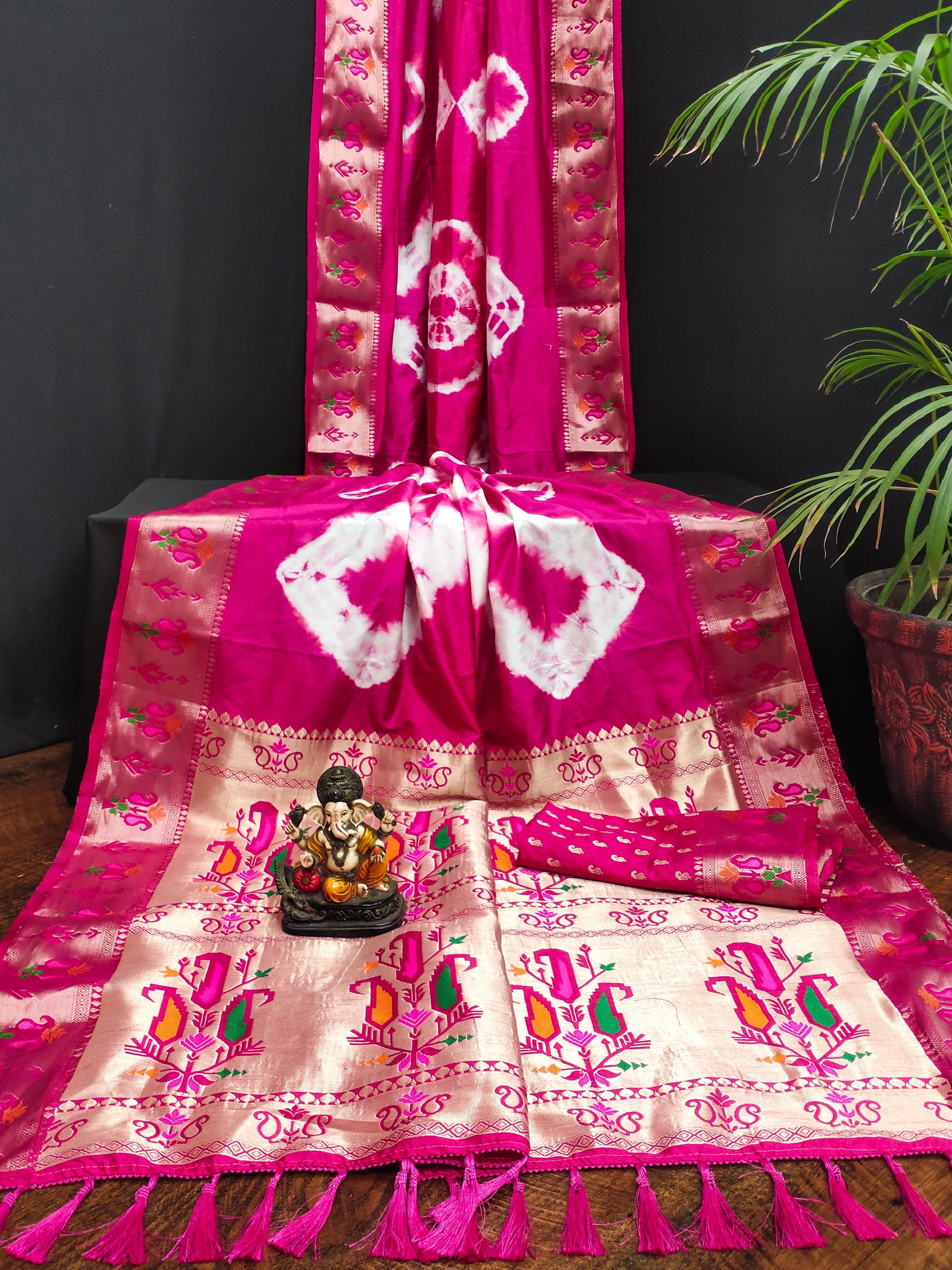 Handpicked Sibory Print Paithani Silk Sarees with Zari &amp; Minakari Weaving-VAD-11-Pink