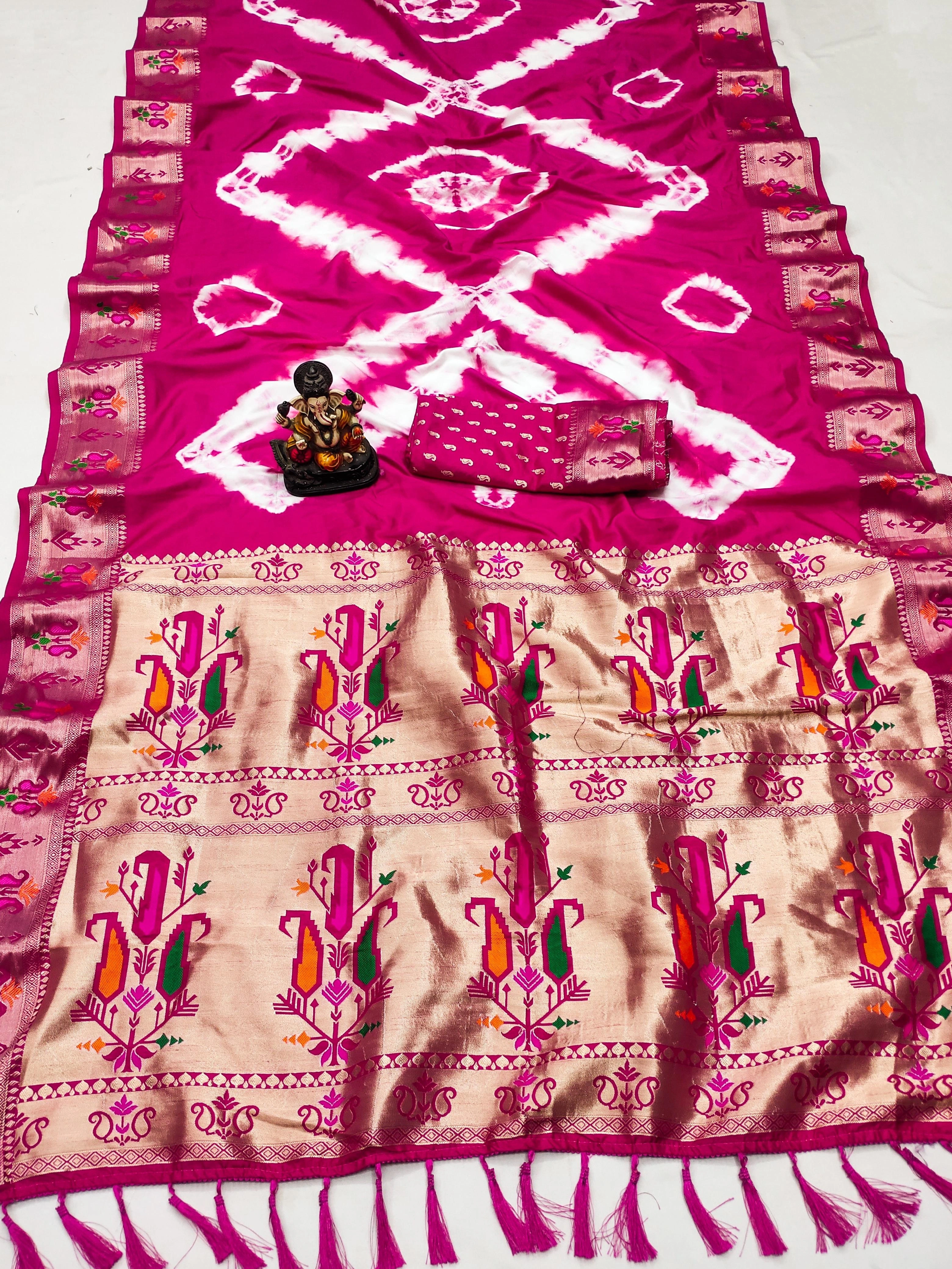 Handpicked Sibory Print Paithani Silk Sarees with Zari &amp; Minakari Weaving-Pink-1