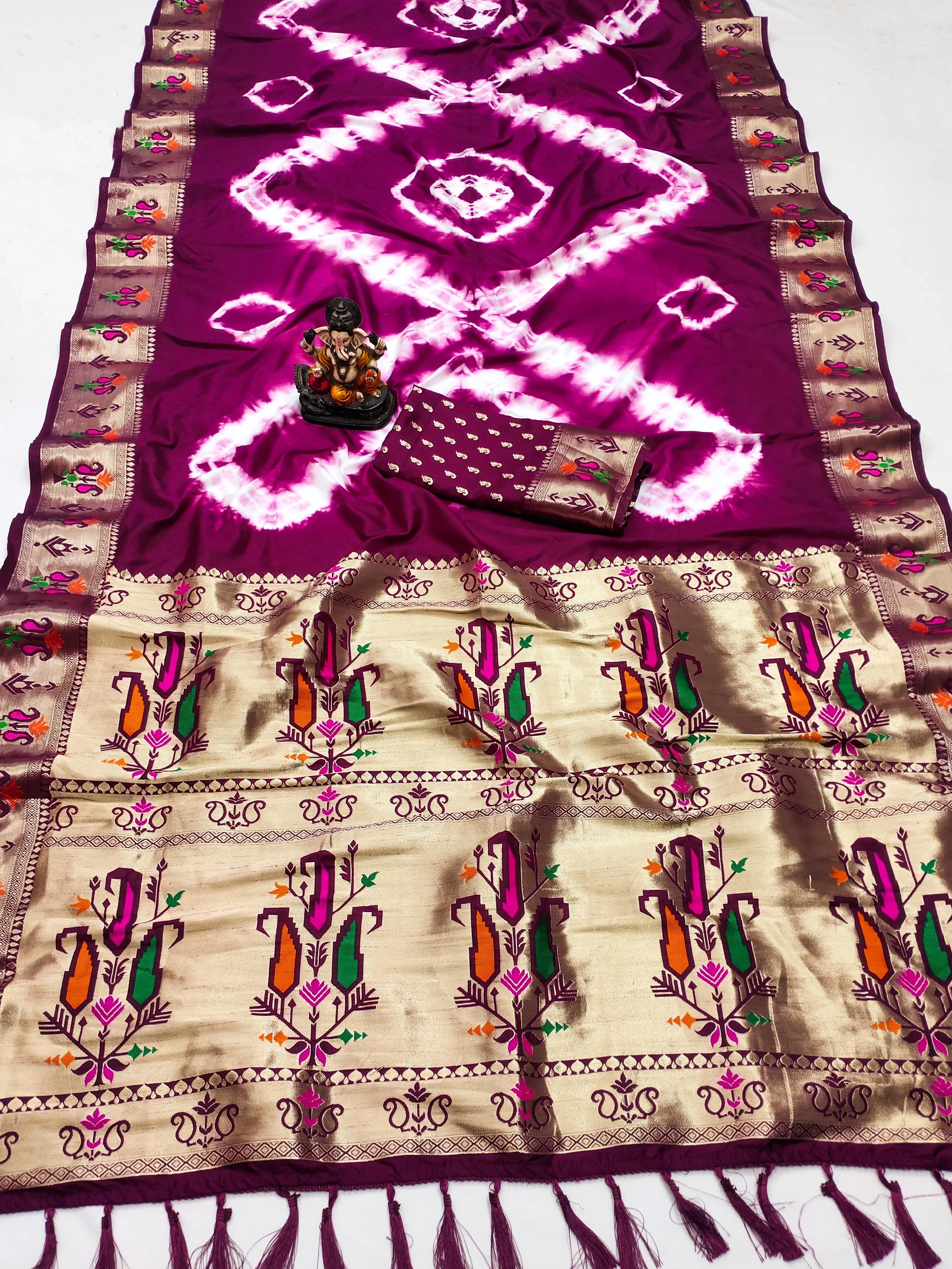 Handpicked Sibory Print Paithani Silk Sarees with Zari &amp; Minakari Weaving-Wine-1