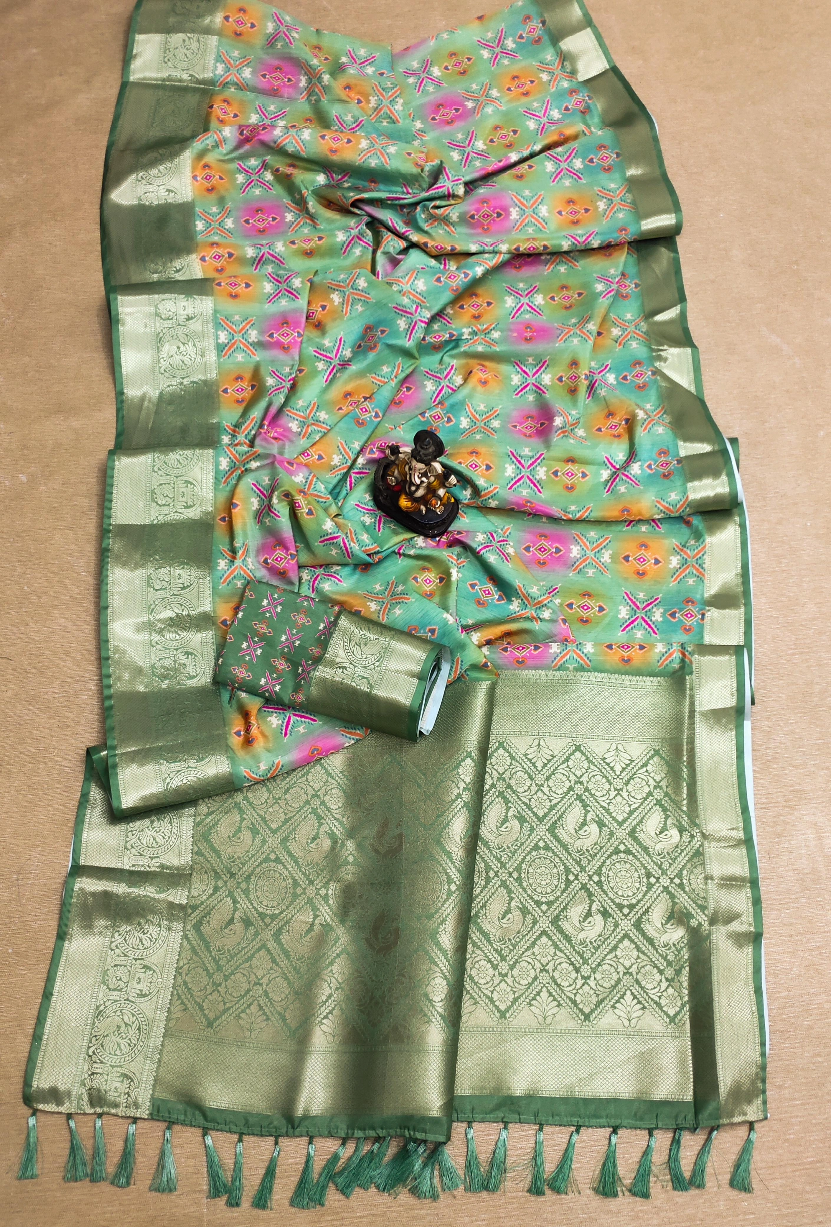 Digital Print Dola Silk Saree with Zari Border and Blouse-VAD-13-Green