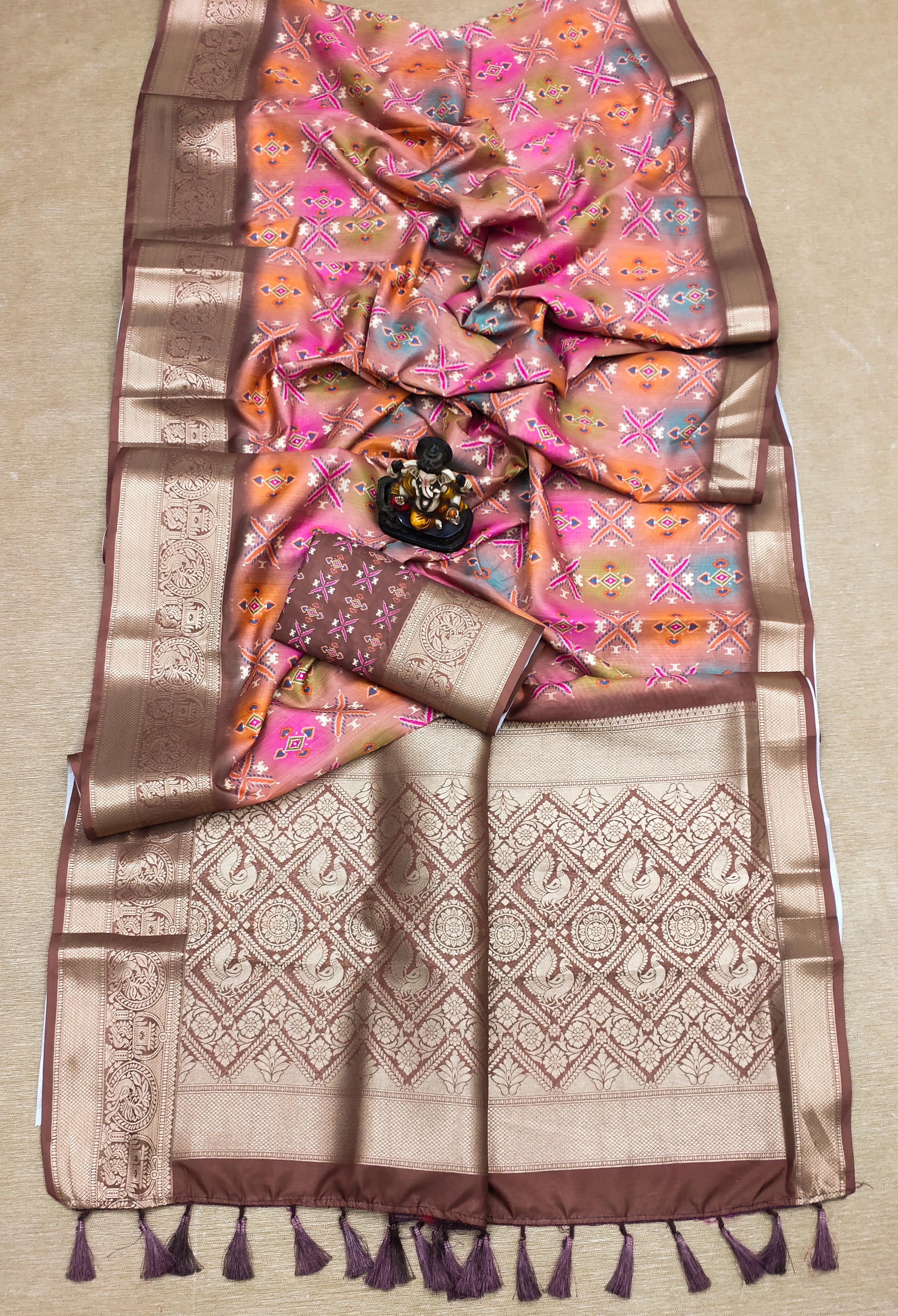 Digital Print Dola Silk Saree with Zari Border and Blouse-VAD-13-Peach