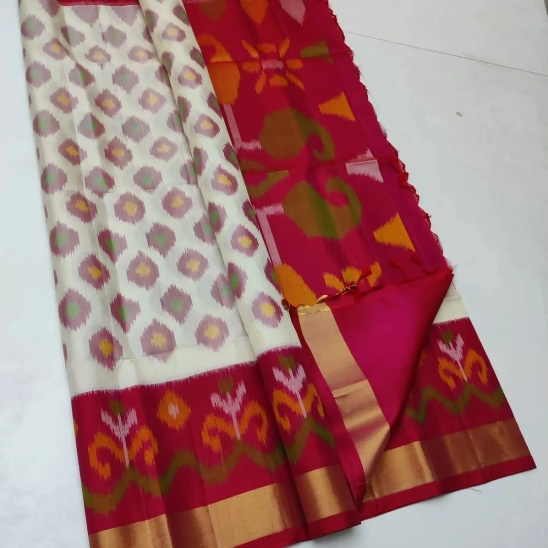 Ikat Paradise: Designer Handloom Silk Saree with Digital Print &amp; Contrast Blouse-RRW-05-White