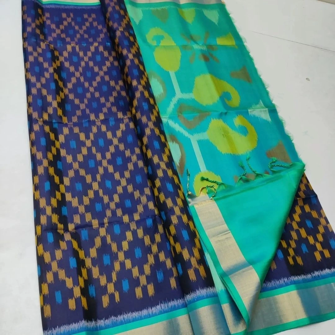 Ikat Paradise: Designer Handloom Silk Saree with Digital Print &amp; Contrast Blouse-RRW-05-Blue