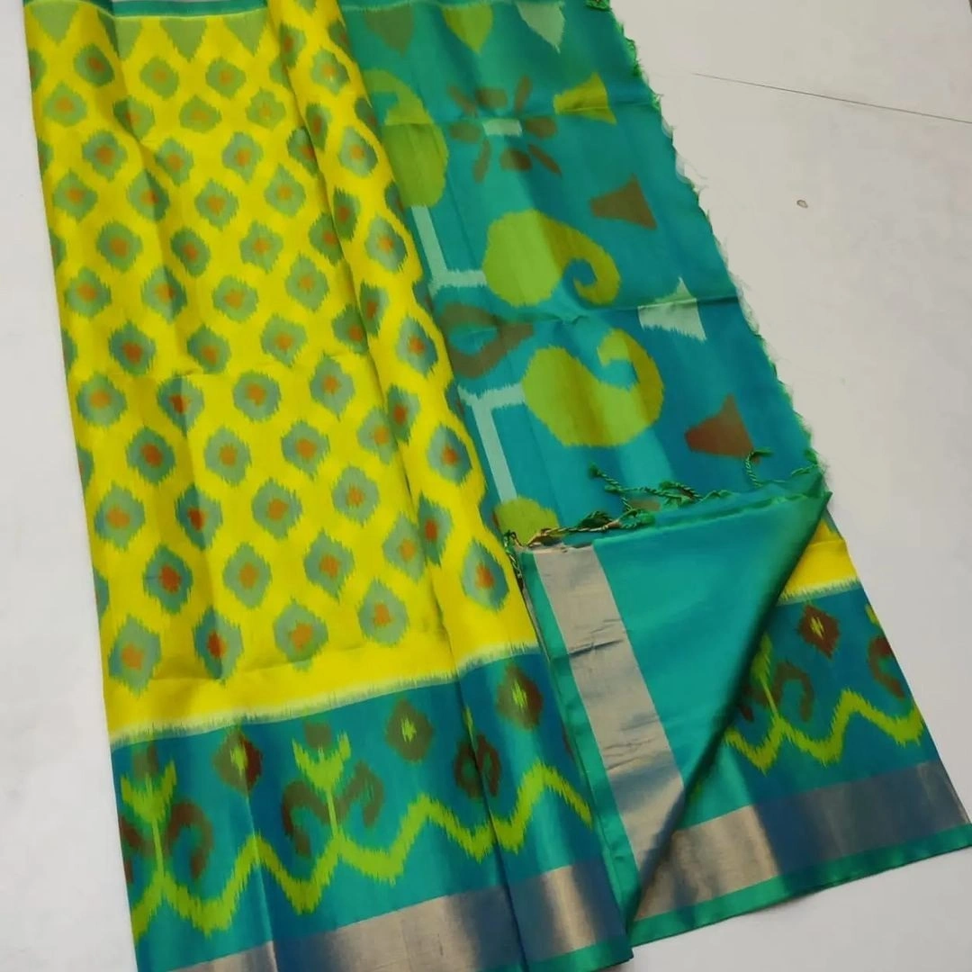 Ikat Paradise: Designer Handloom Silk Saree with Digital Print &amp; Contrast Blouse-RRW-05-Lemon