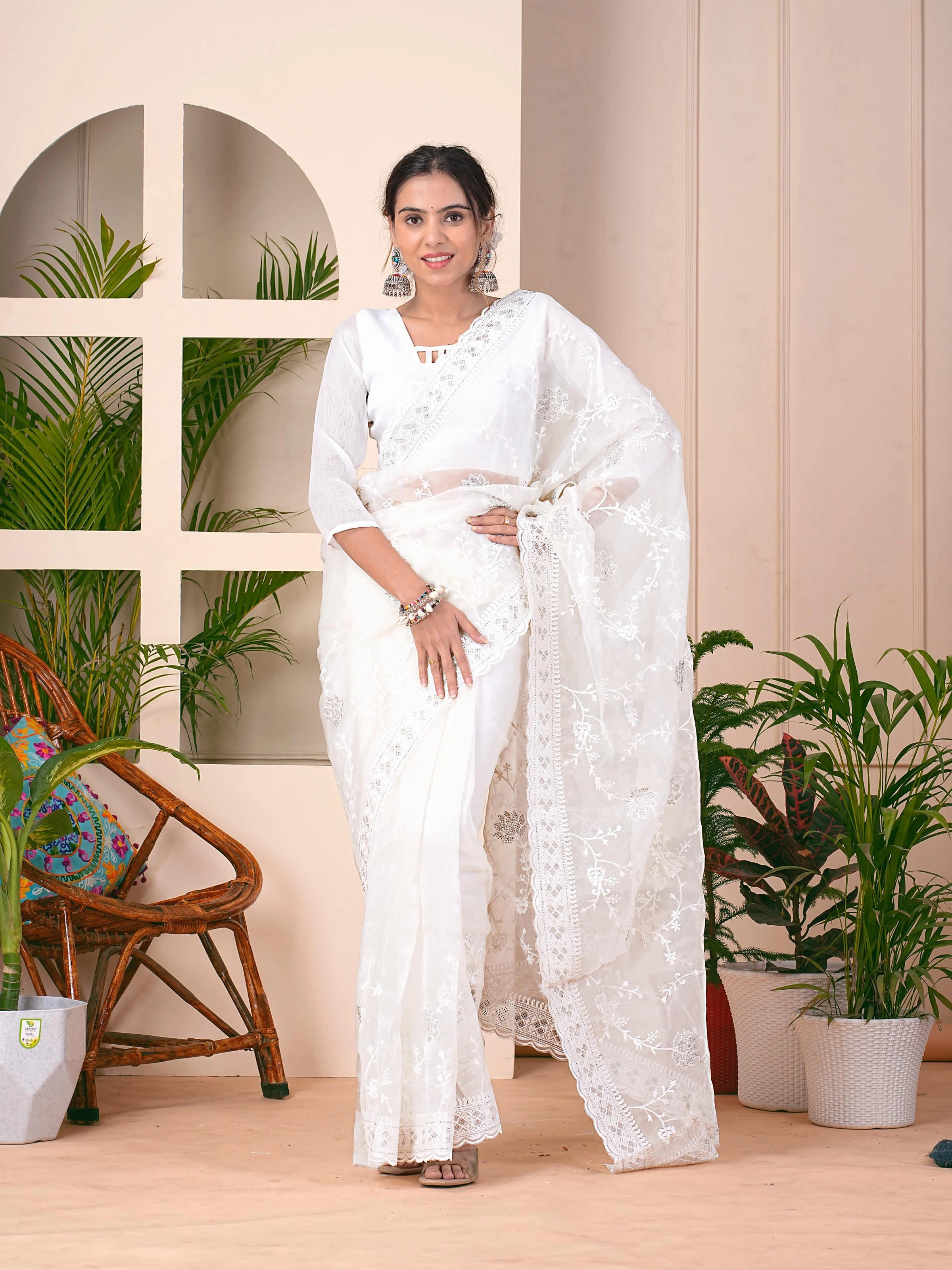 Off-white Silk Organza Saree with Embroidery and Diamonds-RRS-05-White