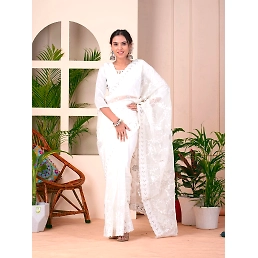 Off-white Silk Organza Saree with Embroidery and Diamonds