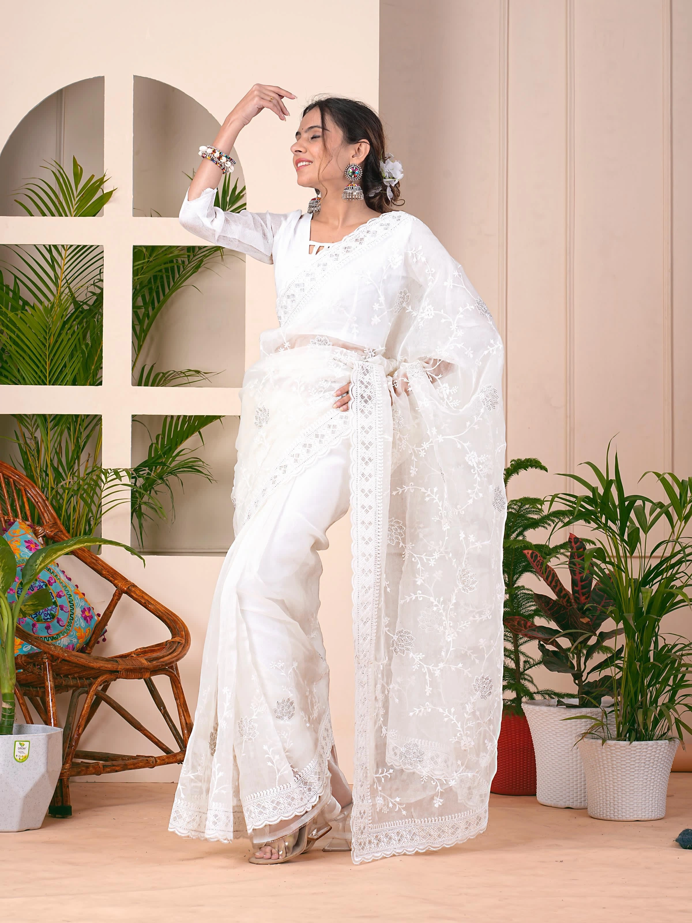 Off-white Silk Organza Saree with Embroidery and Diamonds-White-1