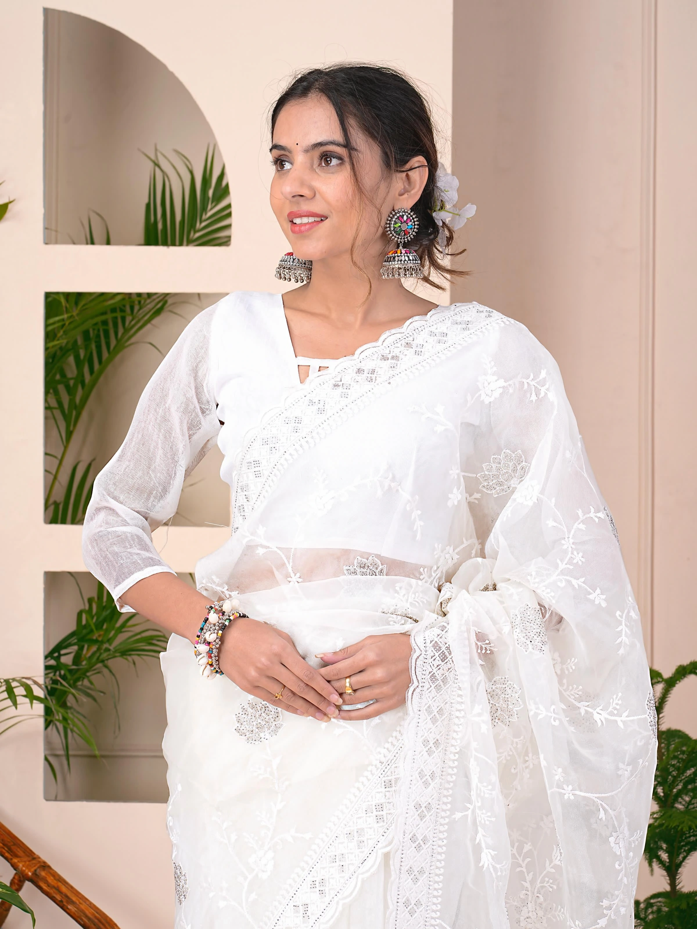 Off-white Silk Organza Saree with Embroidery and Diamonds-White-2